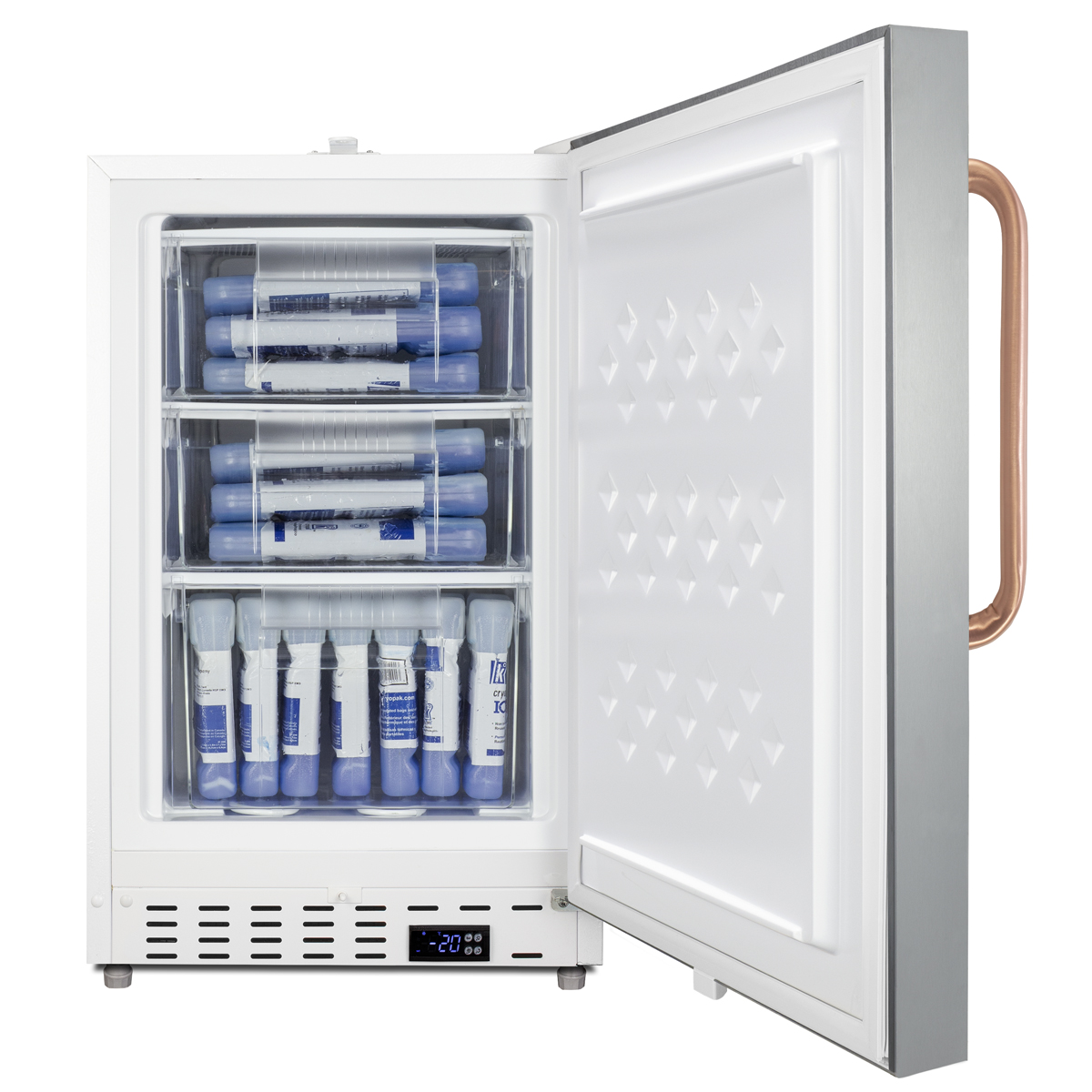 Built-in undercounter -25 C ADA compliant all-freezer in white with a stainless steel door, lock, pure copper towel bar handle, digital controls, interior baskets, hospital cord with 'green dot' plug, factory installed access port, and manual defrost operation